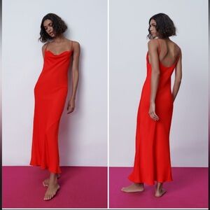 NWT: Zara Satin Red Slip Dress - Cowl Neck Spaghetti Straps in Sz :L